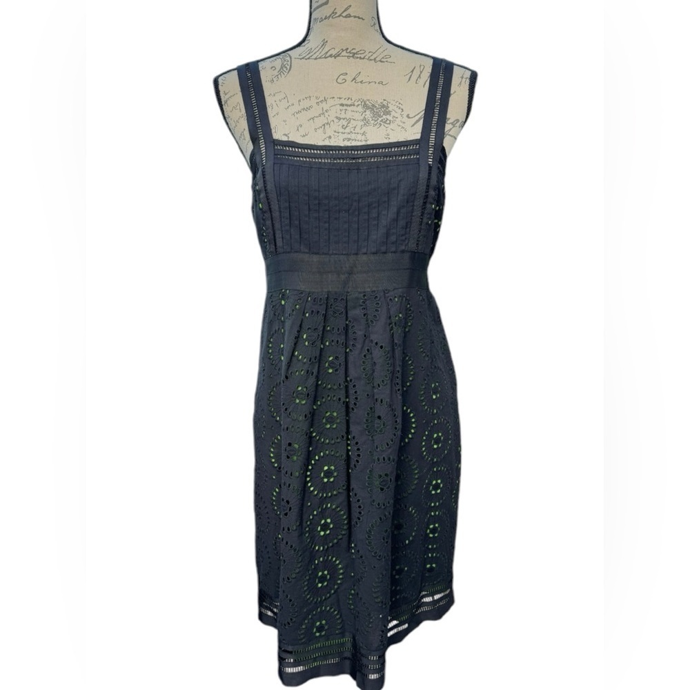 Cynthia Steefe Sun Dress Black Cotton Eyelet Green Lining Womens Size 10